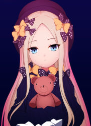 Rule 34 | 1girl, :&lt;, abigail williams (fate), bad id, bad pixiv id, black hat, blonde hair, blue background, blue eyes, bow, closed mouth, commentary request, dress, expressionless, fate/grand order, fate (series), hair bow, hands in opposite sleeves, hat, head tilt, highres, holding, holding stuffed toy, long hair, long sleeves, looking at viewer, orange bow, polka dot, polka dot bow, sidelocks, simple background, solo, straight hair, stuffed animal, stuffed toy, teddy bear, upper body, wing228