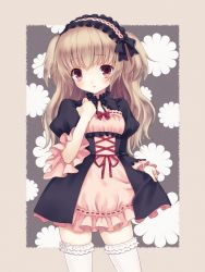 Rule 34 | 1girl, blonde hair, blush, breasts, chitosezaka suzu, dress, hairband, headdress, lolita hairband, long hair, original, red eyes, short twintails, small breasts, solo, thighhighs, twintails, two side up, white thighhighs