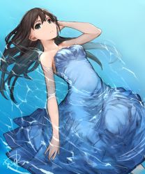Rule 34 | 10s, 1girl, arm up, bare arms, bare shoulders, black hair, blue dress, blue eyes, breasts, collarbone, dress, eyebrows, highres, idolmaster, idolmaster cinderella girls, long hair, looking at viewer, lying, medium breasts, on back, partially submerged, shibuya rin, signature, solo, strapless, water, yashigaras