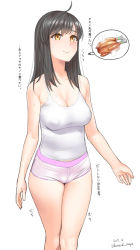 Rule 34 | 1girl, ahoge, bare shoulders, black hair, blush, breasts, camisole, chicken (food), cleavage, collarbone, covered erect nipples, food, kanzaki muyu, large breasts, long hair, original, panties, pink panties, simple background, smile, solo, thighs, thought bubble, translation request, underwear, white background, white camisole, yellow eyes