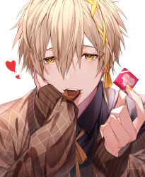 Rule 34 | 1boy, black shirt, blonde hair, blush, box, brown sweater, chocolate, collared shirt, fang, food in mouth, gift, gift box, habatatsuki, hair between eyes, hair ornament, hair ribbon, hand on own cheek, hand on own face, hands up, happy valentine, head rest, heart, highres, holding, holding gift, long sleeves, looking at viewer, male focus, mole, mole under mouth, mouth hold, nail polish, neck ribbon, original, portrait, ribbon, shirt, short hair, simple background, sleeves past wrists, solo, sweater, tress ribbon, valentine, white background, x hair ornament, yellow eyes, yellow nails, yellow ribbon