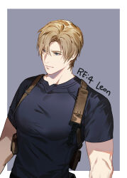 Rule 34 | 1boy, blonde hair, blue eyes, blue shirt, border, character name, closed mouth, grey background, hair between eyes, harness, highres, jujeop, leon s. kennedy, looking to the side, male focus, parted bangs, resident evil, resident evil 4, resident evil 4 (remake), shirt, short hair, short sleeves, solo, t-shirt, tight clothes, tight shirt, toned, toned male, upper body, white border