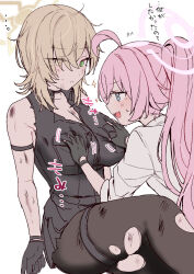 2girls arm_strap bishooji black_gloves black_shirt blue_archive blue_eyes breasts brown_hair brown_halo gloves grabbing_another&#039;s_breast green_eyes groping halo heterochromia highres hoshino_(blue_archive) large_breasts long_hair looking_at_another multiple_girls open_mouth pink_hair pink_halo shirt short_hair simple_background sleeveless sleeveless_shirt smile suou_(blue_archive) torn_clothes torn_shirt translation_request white_background white_shirt yellow_eyes yuri