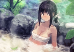 Rule 34 | 1girl, absurdres, bathing, black hair, breasts, cleavage, female focus, highres, light smile, looking to the side, nature, okuto, onsen, original, rock, sarashi, solo, steam, tan, tanline, upper body, water
