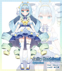 Rule 34 | 1girl, artist name, bare shoulders, blue dress, blue eyes, blue footwear, blue hair, bow, closed mouth, commentary request, dress, drill hair, garter straps, gloves, gradient hair, green hair, hair bow, hairband, jelly hoshiumi, mauve, multicolored hair, multiple views, official art, phase connect, puffy short sleeves, puffy sleeves, shoes, short sleeves, sleeveless, sleeveless dress, smile, solo, standing, star (symbol), thighhighs, twin drills, virtual youtuber, white bow, white gloves, white sleeves, white thighhighs, yellow hairband, zoom layer