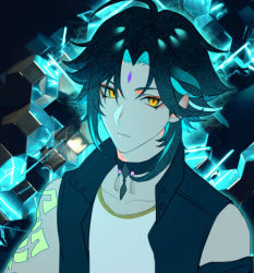 Rule 34 | 1boy, alternate costume, aqua hair, arm tattoo, black hair, black vest, commentary, facial mark, forehead mark, genshin impact, looking at viewer, lowres, makeup, male focus, multicolored hair, onegingek, orange eyes, shirt, simple background, solo, symbol-only commentary, tassel, tattoo, upper body, vest, xiao (genshin impact)