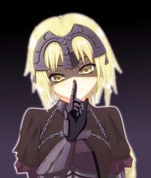 Rule 34 | 1girl, andre hamonica, armor, armored dress, blonde hair, braid, breasts, capelet, dark persona, empty eyes, fate/apocrypha, fate/grand order, fate/stay night, fate (series), finger to mouth, gauntlets, gradient background, headpiece, highres, jeanne d&#039;arc (fate), jeanne d&#039;arc alter (avenger) (fate), jeanne d&#039;arc alter (fate), large breasts, long hair, ruler (fate/grand order), shaded face, shushing, single braid, smile, solo, yellow eyes