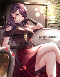 Rule 34 | 1girl, absurdres, alcohol, bare shoulders, black gloves, blush, breasts, champagne, closed mouth, couch, crossed legs, dress, earrings, feet out of frame, gloves, gundou mirei, happy birthday, highres, jewelry, lips, long hair, looking at viewer, medium breasts, nijisanji, off shoulder, petals, purple hair, rai (newtype xm-x1), red dress, sitting, smile, solo, thighs, virtual youtuber