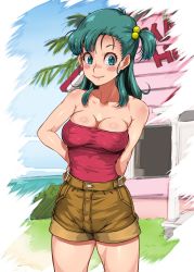 Rule 34 | 1girl, :&gt;, arms behind back, bare shoulders, blue eyes, blush, breasts, bulma, cleavage, covered erect nipples, day, dragon ball, dragon ball (classic), feet out of frame, female focus, grass, green hair, groin, hair bobbles, hair ornament, happy, highres, kame house, legs, long hair, looking at viewer, medium breasts, outdoors, sakuradou, short shorts, shorts, side ponytail, sky, smile, solo, standing, strapless, thighs, tube top