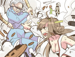 Rule 34 | 10s, 4girls, ahoge, battle, braid, breasts, brown eyes, brown hair, capcom, cleavage, cookie, cookie clicker, crossover, detached sleeves, dress, explosion, eyewear strap, firing, food, glasses, grandma (cookie clicker), grey hair, grin, gun, hairband, headgear, horns, idolmaster, idolmaster cinderella girls, japanese clothes, kantai collection, kirin (armor), kongou (kancolle), long hair, monster hunter (series), multiple girls, old, old woman, open mouth, personification, rolling pin, senkawa chihiro, single braid, single horn, smile, smoke, teeth, torn clothes, translation request, twitter, weapon, white hair, yami (m31)