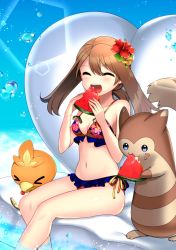 Rule 34 | &gt; &lt;, 1girl, :d, ^ ^, absurdres, bad id, bad pixiv id, bare arms, bare legs, bare shoulders, bikini, blue eyes, blush, breasts, brown hair, cleavage, closed eyes, creatures (company), eating, floral print, flower, food, frilled bikini, frills, furret, game freak, gen 2 pokemon, gen 3 pokemon, hair flower, hair ornament, heart, hibiscus, highres, holding, holding food, long hair, may (pokemon), medium breasts, navel, nintendo, open mouth, pokemon, pokemon (creature), pokemon rse, ribbon, side-tie bikini bottom, sitting, smile, soaking feet, stomach, swimsuit, teeth, thighs, torchic, upper teeth only, water, water drop, watermark, yellow ribbon, yuihico