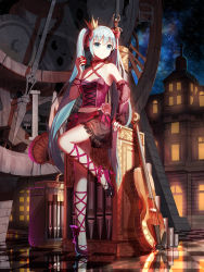 Rule 34 | 1girl, absurdres, apple, aqua eyes, aqua hair, crown, detached sleeves, food, fruit, hatsune miku, high heels, highres, instrument, leg ribbon, long hair, midriff, mini crown, night, phonograph, project diva (series), reflection, ribbon, romeo to cinderella (vocaloid), solo, standing, standing on one leg, tile floor, tiles, twintails, very long hair, vocaloid, x-red flower