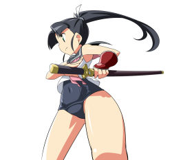 Rule 34 | 1girl, black hair, fighting stance, gauntlets, long hair, one-piece swimsuit, original, perspective, ponytail, ready to draw, sailor collar, school swimsuit, solo, swimsuit, sword, takeya yuuki, weapon
