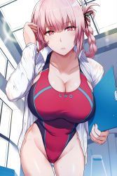 Rule 34 | 1girl, blush, braid, breasts, cleavage, collarbone, competition swimsuit, cowboy shot, cropped, dress shirt, fate/empire of dirt, fate/grand order, fate (series), florence nightingale (fate), tucking hair, highleg, highleg swimsuit, highres, holding, indoors, large breasts, leaning forward, looking at viewer, miyamoto issa, non-web source, one-piece swimsuit, open clothes, open shirt, parted lips, pink eyes, pink hair, shirt, short hair, solo, sweat, swimsuit, twin braids, white shirt, wing collar