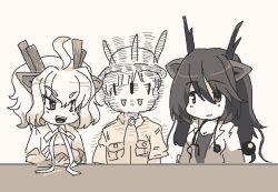 Rule 34 | 1boy, 2girls, :3, afterimage, ahoge, animal ears, black dragon (kemono friends), black hair, blush, breasts, captain (kemono friends), chibi, cleavage, closed mouth, coat, dragon ears, dragon girl, dragon horns, extra ears, fine art parody, fingerless gloves, gloves, grey eyes, greyscale, hair between eyes, helmet, horns, kemono friends, kemono friends 3, lab coat, large breasts, long hair, looking at another, medium hair, meme, midoribox, monochrome, motion lines, multicolored hair, multiple girls, open clothes, open coat, open mouth, parody, pith helmet, shirt, short hair, side-by-side, simple background, smile, stethoscope, the weaker sex 1 (gibson), upper body, white coat, white dragon (kemono friends), white hair