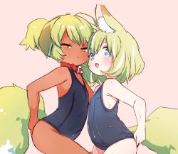 Rule 34 | 2girls, animal collar, animal ear fluff, animal ears, bare arms, bare shoulders, belly, blonde hair, blue eyes, blue one-piece swimsuit, blush, collar, commentary request, covered navel, dark-skinned female, dark skin, dog ears, dog girl, dog tail, done (donezumi), fang, flat chest, fox ears, fox tail, green hair, half-closed eyes, light green hair, looking at viewer, multiple girls, old school swimsuit, one-piece swimsuit, open mouth, original, pink background, red collar, school swimsuit, short hair, swimsuit, tail, thick eyebrows, wet