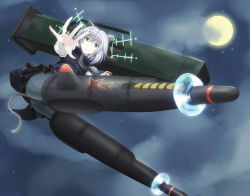 Rule 34 | 1girl, animal ears, ass, black pantyhose, cat ears, cat girl, cat tail, cloud, female focus, full moon, green eyes, hirschgeweih antennas, military, military uniform, moon, nawate (dij), night, outdoors, pantyhose, rocket launcher, sanya v. litvyak, short hair, silver hair, sky, solo, star (symbol), strike witches, striker unit, tail, uniform, weapon, world witches series