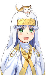 Rule 34 | 1girl, :3, animal, animal on head, cat, cat on head, colored eyelashes, gold trim, green eyes, habit, index (toaru majutsu no index), looking at viewer, nun, on head, oversized object, purple hair, raika9, robe, safety pin, simple background, solo, sphinx (toaru majutsu no index), toaru kagaku no railgun, toaru majutsu no index, upper body, veil, whiskers, white background, white robe