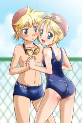 Rule 34 | 1boy, 1girl, blonde hair, blue eyes, blush, brother and sister, child, goggles, holding hands, hikari (mitsu honey), kagamine len, kagamine rin, one-piece swimsuit, school swimsuit, short hair, siblings, smile, swim cap, swimsuit, twins, vocaloid