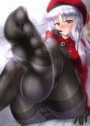 Rule 34 | 1girl, beret, black pantyhose, breasts, brooch, cameltoe, candy, caren hortensia, caren hortensia (amor caren), caren hortensia (amor caren) (second ascension), cleft of venus, dress, fate/grand order, fate (series), feet, female focus, food, foot focus, from below, hat, highres, jewelry, legs, long hair, long sleeves, looking at viewer, medium breasts, neck ribbon, nyx (mebius no wa), pantyhose, red dress, red hat, ribbon, shawl, sitting, smile, soles, solo, toes, valentine, wavy hair, white hair, yellow eyes