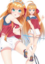 Rule 34 | 1girl, :d, ahoge, bad arm, badminton racket, blue footwear, blush, breasts, brown hair, collared shirt, commentary request, green eyes, hair between eyes, highres, k mugura, long hair, multiple views, open mouth, pecorine (princess connect!), princess connect!, racket, red shirt, shirt, shoes, short shorts, short sleeves, shorts, simple background, small breasts, smile, standing, standing on one leg, teeth, tiara, upper teeth only, very long hair, white background, white shorts