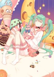 Rule 34 | 1girl, bad id, bad pixiv id, bed sheet, black bow, black bowtie, bow, bowtie, cake, candy, cheesecake, chocolate, choker, closed eyes, cookie, doughnut, eyelashes, food, frilled shirt, frilled sleeves, frilled socks, frills, fruit, green hair, hair ornament, hair scrunchie, hatsune miku, holding, holding stuffed toy, ice cream, ice cream cone, kneehighs, konpeitou, lol -lots of laugh- (vocaloid), long hair, long sleeves, on bed, orange (fruit), orange slice, pink skirt, pocky, scrunchie, shirt, sitting, skirt, smile (mm-l), socks, solo, star (symbol), stuffed animal, stuffed rabbit, stuffed toy, twintails, very long hair, vocaloid, white socks