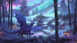Rule 34 | animal focus, artist name, aurora, blue eyes, blue scales, blue tail, blue wings, clockbirds, commentary, commission, dragon, dragon horns, dragon tail, english commentary, fantasy, frozen lake, highres, horns, icicle, nature, night, night sky, no humans, original, photoshop (medium), pine tree, pond, shadow, sky, snow, snowing, solid eyes, solo, spread wings, stone lantern, tail, tree, watermark, white horns, wings