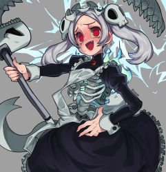 Rule 34 | 1girl, @ @, apron, bloody marie (skullgirls), blue fire, blush, brooch, dress, embarrassed, fang, fire, flat chest, frilled dress, frills, full-face blush, grey background, grey hair, hair ornament, highres, jewelry, juliet sleeves, long hair, long sleeves, looking at viewer, maid, maid apron, maid headdress, open mouth, puffy sleeves, red eyes, ribs, scythe, simple background, skeleton, skull, skull hair ornament, skullgirls, solo, sweat, twintails, twitter username, waa153