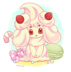 Rule 34 | alcremie, alcremie (strawberry sweet), alcremie (vanilla cream), artist name, bad id, bad pixiv id, bow, brown eyes, candy, candy cane, colored sclera, creatures (company), food, fruit, game freak, gen 8 pokemon, happy, looking at viewer, macaron, nintendo, no humans, open mouth, outline, own hands together, pink bow, pokemon, pokemon (creature), polka dot, polka dot bow, red sclera, rorosuke, smile, solo, strawberry, twitter username, v arms