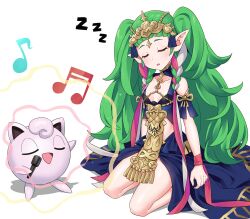 Rule 34 | 1girl, 1other, braid, commission, creatures (company), fire emblem, fire emblem: three houses, game freak, gen 1 pokemon, green hair, hair ribbon, highres, igni tion, jigglypuff, microphone, music, musical note, nintendo, pointy ears, pokemon, ribbon, ribbon braid, side braid, singing, sothis (fire emblem), tiara, twin braids, zzz