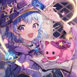 Rule 34 | 1girl, blue hair, book, cape, copyright request, dragon, eyelashes, fangs, hat, hat ribbon, jewelry, looking at viewer, open mouth, pongu, purple eyes, ribbon, ring, short hair, solo, stone, upper body, witch hat