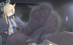Rule 34 | 1girl, animal ears, blonde hair, blue archive, blue eyes, boots, coffee mug, cup, feet, hair over one eye, highres, kanna (blue archive), long hair, looking at viewer, mug, pantyhose, parted lips, shaded face, sharp teeth, shoes, soles, teeth, toes, x-ray