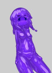 Rule 34 | 1girl, arms behind back, blush, breasts, colored skin, looking at viewer, medium hair, monster girl, no nipples, no pussy, nude, parted lips, purple eyes, purple hair, purple skin, slime girl, small breasts, solo