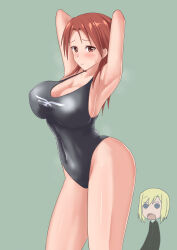 Rule 34 | 2girls, alternate breast size, armpits, arms behind head, black one-piece swimsuit, blonde hair, blush, breasts, cleavage, closed mouth, collarbone, covered navel, erica hartmann, green background, highres, large breasts, long hair, looking at viewer, minna-dietlinde wilcke, multiple girls, one-piece swimsuit, open mouth, red eyes, red hair, short hair, simple background, smile, strike witches, sweat, swimsuit, varie7k, world witches series