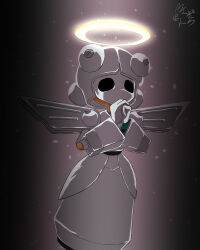 Rule 34 | 1girl, glowing, glowing halo, gradient background, grey background, halo, heal angel, hollow eyes, light particles, mechanical wings, medarot, no mouth, own hands together, robot, robot girl, screw, signature, solo, usagipanchi, wings
