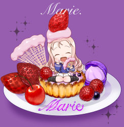Rule 34 | 10s, :d, bc freedom (emblem), bc freedom military uniform, berry, black footwear, blonde hair, blue jacket, blue vest, blueberry, boots, chaki (teasets), character name, chibi, closed eyes, cream, cursive, dessert, drill hair, emblem, facing viewer, folding fan, food, food on face, food on head, food request, fruit, girls und panzer, hand fan, holding, holding fan, in food, jacket, knee boots, long hair, long sleeves, marie (girls und panzer), military, military uniform, mini person, minigirl, object on head, open mouth, plate, pleated skirt, purple background, sitting, skirt, smile, sparkle, strawberry, tart (food), uniform, vest, wariza, white skirt