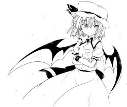 Rule 34 | 1girl, bad id, bad twitter id, bat wings, crossed arms, dress, greyscale, hat, kazawa (tonzura-d), md5 mismatch, mob cap, monochrome, puffy short sleeves, puffy sleeves, remilia scarlet, resized, short hair, short sleeves, simple background, smile, solo, touhou, white background, wings