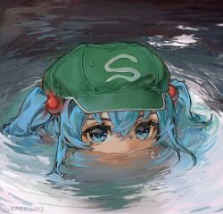 Rule 34 | 1girl, album cover redraw, amel 303, blue eyes, blue hair, commentary, crossed bangs, derivative work, drunk (thundercat), flat cap, green hat, hair between eyes, hair bobbles, hair ornament, hat, kawashiro nitori, looking at viewer, medium bangs, mouth under water, partially submerged, ripples, solo, thundercat (musician), touhou, two side up