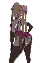 Rule 34 | &gt;:), 1girl, alternate color, alternate costume, alternate hairstyle, arched back, ass, back-seamed legwear, bare shoulders, blonde hair, breasts, brown thighhighs, dress, elbow gloves, electro emilia, from behind, glasses, gloves, halterneck, hand on own hip, hand on thigh, headgear, hime cut, ken (koala), legs, long hair, looking at viewer, looking back, microdress, neon trim, original, panties, pantyhose, pink dress, pink skirt, red eyes, seamed legwear, side slit, sidelocks, skirt, sleeveless, solo, striped clothes, striped panties, tattoo, thighhighs, tri tails, underwear, v-shaped eyebrows, very long hair, yin yang