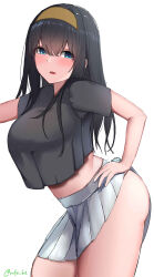 Rule 34 | 1girl, absurdres, black hair, black shirt, blue eyes, blush, breasts, brown hairband, cowboy shot, dot nose, from side, hair between eyes, hairband, hand on own hip, hand up, highres, idolmaster, idolmaster cinderella girls, idolmaster cinderella girls starlight stage, long hair, looking at viewer, medium breasts, midriff peek, miniskirt, outstretched arm, parted lips, rufei bot, sagisawa fumika, shirt, short sleeves, side slit, simple background, skirt, solo, standing, twitter username, white background, white skirt