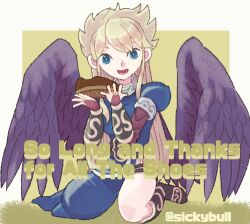 Rule 34 | 1girl, :d, blonde hair, blue dress, blue eyes, breath of fire, breath of fire ii, bridal gauntlets, dress, feathered wings, hands up, holding, long hair, looking at viewer, lower teeth only, lowres, nina (breath of fire ii), nofx, open mouth, purple wings, sicky (pit-bull), side slit, sitting, smile, solo, teeth, twitter username, wariza, wings, yellow pupils