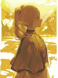 Rule 34 | 1girl, absurdres, capelet, closed mouth, commentary, dress, earrings, elf, frieren, from side, highres, jewelry, long hair, long sleeves, mountain, outdoors, pointy ears, profile, signature, solo, sousou no frieren, twintails, upper body, vivixstar, yellow theme