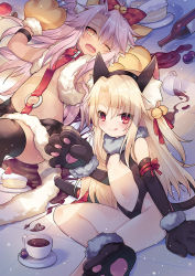Rule 34 | 2girls, :q, animal hands, ao jun, bell, belt, belt buckle, black gloves, black leotard, black skirt, blonde hair, blush, bow, brown gloves, buckle, cake, cake slice, chloe von einzbern, closed mouth, commentary request, cup, elbow gloves, fate/kaleid liner prisma illya, fate (series), food, fruit, fur-trimmed gloves, fur-trimmed skirt, fur trim, gloves, hair bell, hair between eyes, hair bow, hair ornament, hair ribbon, illyasviel von einzbern, jingle bell, leotard, long hair, lying, multiple girls, navel, o-ring, on back, open mouth, orange eyes, paw gloves, paw shoes, pleated skirt, purple hair, red belt, red bow, red eyes, red ribbon, ribbon, sauce, shoes, sitting, skirt, smile, strawberry, teacup, tile floor, tiles, tongue, tongue out, very long hair, wavy mouth