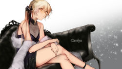 Rule 34 | 1girl, bare shoulders, blonde hair, breasts, couch, crossed legs, girls&#039; frontline, hair between eyes, hands on own thighs, highres, kojima (blue stardust), long hair, looking at viewer, official alternate costume, ots-14 (girls&#039; frontline), ots-14 (sangria succulent) (girls&#039; frontline), side ponytail, small breasts, smile, solo, stole, yellow eyes