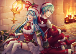 Rule 34 | 1boy, 1girl, :d, arm support, armor, ascot, back-to-back, blue eyes, blue hair, boots, bow, box, brother and sister, brown gloves, corset, eirika (fire emblem), eirika (winter) (fire emblem), ephraim (fire emblem), ephraim (winter) (fire emblem), fire, fire emblem, fire emblem: the sacred stones, floating hair, fur-trimmed gloves, fur-trimmed headwear, fur-trimmed sleeves, fur trim, gift, gift box, gloves, green bow, green hair, hair between eyes, hat, holding, holding staff, kai-yan, long hair, long sleeves, looking at viewer, miniskirt, nintendo, open mouth, pants, pleated skirt, red ascot, red bow, red footwear, red gloves, red hat, red pants, red shirt, santa boots, santa costume, santa gloves, santa hat, shirt, short sleeves, shoulder armor, siblings, skirt, smile, staff, striped, striped bow, thighhighs, very long hair, white shirt, white skirt, white thighhighs, zettai ryouiki