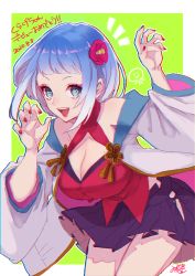 Rule 34 | 1girl, :d, akatsuki kurage, artist request, bad id, bad twitter id, blue eyes, blue hair, border, breasts, cleavage, dated, eyeshadow, flower, green background, hair behind ear, hair flower, hair ornament, heart, heart in eye, indie virtual youtuber, jacket, large breasts, leaning forward, makeup, nail polish, navel, off shoulder, open hands, open mouth, outside border, red eyeshadow, red flower, red nails, second-party source, signature, smile, solo, symbol in eye, virtual youtuber, white border, white jacket