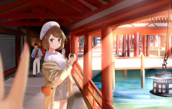 Rule 34 | 1girl, artist name, artist request, bag, bare legs, blush, breasts, brown hair, brown jacket, brown pants, bunbun (midukikome), carrying bag, earrings, female focus, hair between eyes, holding, jacket, jewelry, koizumi hanayo, love live!, love live! school idol project, outdoors, pants, parted lips, purple eyes, shirt, short hair, small breasts, smile, solo, white headwear, white shirt