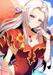 Rule 34 | 1girl, blush, breasts, cape, cleavage, edelgard von hresvelg, fire emblem, fire emblem: three houses, fire emblem heroes, frilled one-piece swimsuit, frills, hair ribbon, highres, jewelry, long hair, looking at viewer, medium breasts, nakabayashi zun, nintendo, official alternate costume, one-piece swimsuit, parted bangs, purple eyes, ribbon, smile, solo, swimsuit, white hair