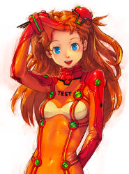 Rule 34 | 00s, 1girl, :d, arm behind back, blue eyes, bodysuit, boyaking, evangelion: 2.0 you can (not) advance, forehead, long hair, multicolored clothes, neon genesis evangelion, open mouth, orange hair, plugsuit, rebuild of evangelion, simple background, smile, solo, souryuu asuka langley, test plugsuit, upper body