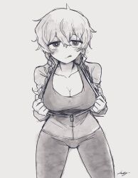 Rule 34 | 1girl, :p, amane suzuha, braid, breasts, cheshigom, cleavage, greyscale, highres, jacket, large breasts, long hair, long sleeves, looking at viewer, monochrome, pants, shirt, showing, signature, simple background, solo, steins;gate, steins;gate 0, tongue, tongue out, twin braids, unzipped, white background